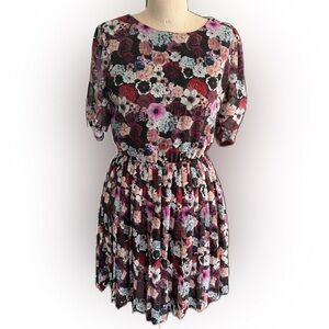 Anthropologie Pins And Needles Dark Rose Floral Open Back Pleated Mini Dress S